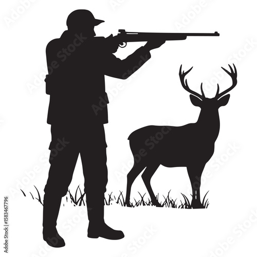 Silhouette of a hunter aiming rifle at a deer in a hunting scene illustration