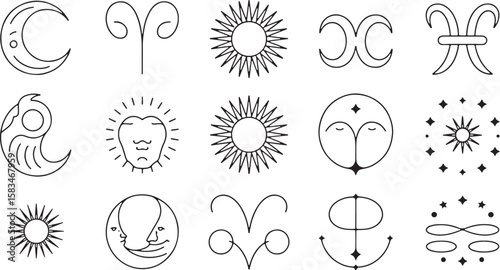 Celestial bodies and zodiac symbols in minimalist line art astrology moon
