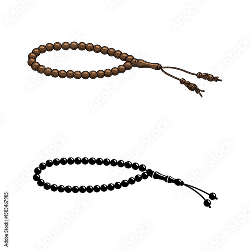 Two strings of prayer beads with brown and black colors showcase religious devotion, mindfulness, and cultural traditions for use in spiritual content.