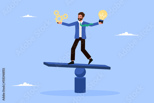 Business agility concept: Adapting strategies amid uncertainty. Man balances on board, showing flexibility to adverse situations. Vector.