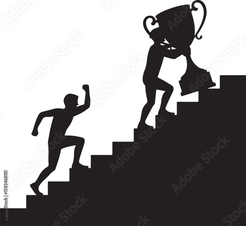 Triumph Through Perseverance Silhouette Illustration of Climbers Achieving Victory and Ascending Steps with Trophy, Illustrating Achievement.