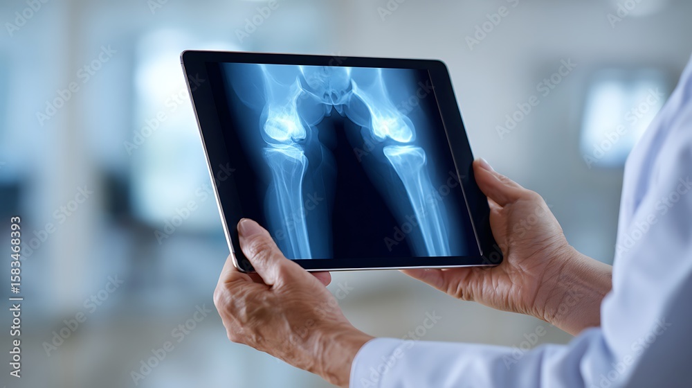 Doctor reviews knee x rays on a digital tablet in a modern medical setting Doctor reviews knee x rays on a digital tablet in a modern medical setting