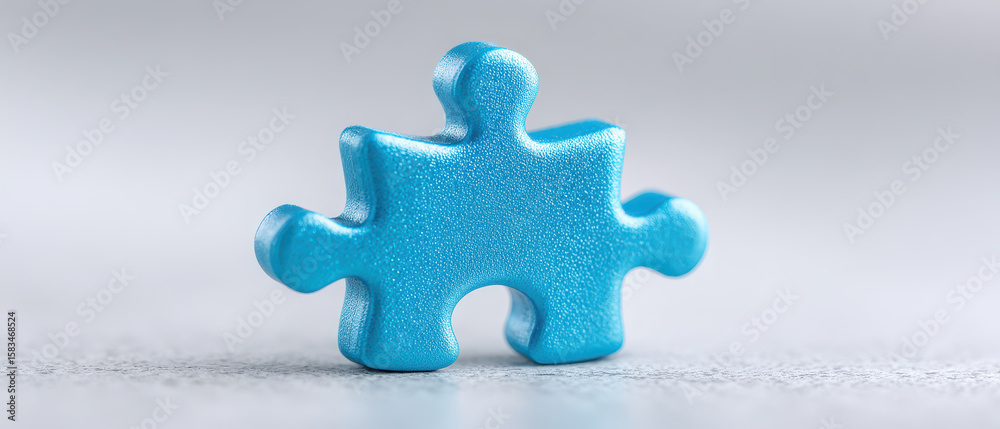 Obraz premium Blue puzzle piece closeup with textured surface standing on light background, symbolizing connection and problem solving