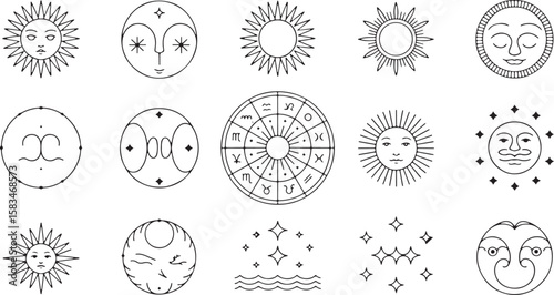 Celestial bodies zodiac symbols and abstract shapes moon stars