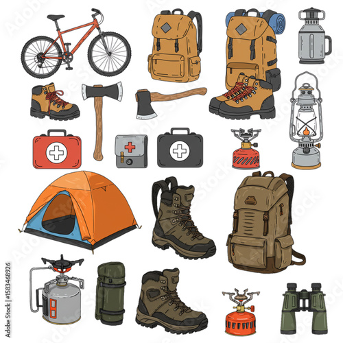 Charming graphic featuring camping equipment suitable for outdoor adventure designs, logos, icons, or thematic projects.