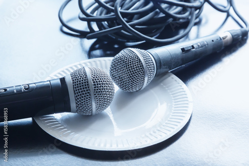 Εκτύπωση καμβά Two old worn microphones lie on a disposable white plate close-up in white daylight, political debates or talk shows, sensational journalism, public argument, fake news