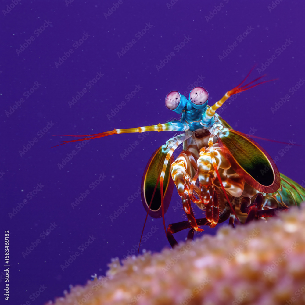 Fototapeta premium Macro Shot: Mantis Shrimp's Claw Poised Near Coral Reef on Purple. Best Quality.