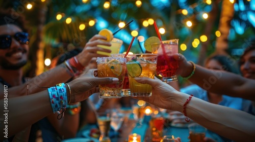 A diverse group of friends enthusiastically toasts with colorful cocktails at a lively outdoor party at night, their hands meeting in celebration under the warm, festive glow of string lights