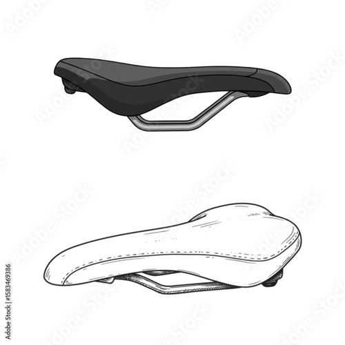 Two bicycle seats showing a comfort saddle concept in black and white designs, suitable for sport, urban cycling, or equipment branding.