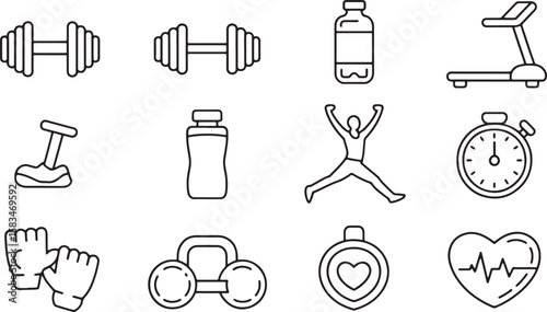 Fitness equipment and health symbols dumbbell kettlebell