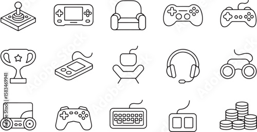 Gaming Console Icons Set with Controller, Trophy, and Headphones