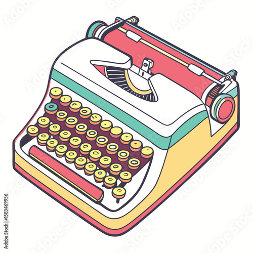 retro typewriter keyboard with vibrant colors, on a clean white background, nostalgic design.