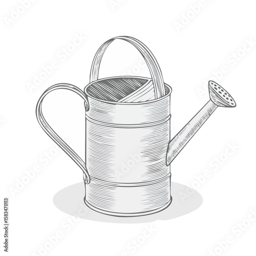 Detailed Illustration of a Classic Metal Watering Can Gardening Equipment