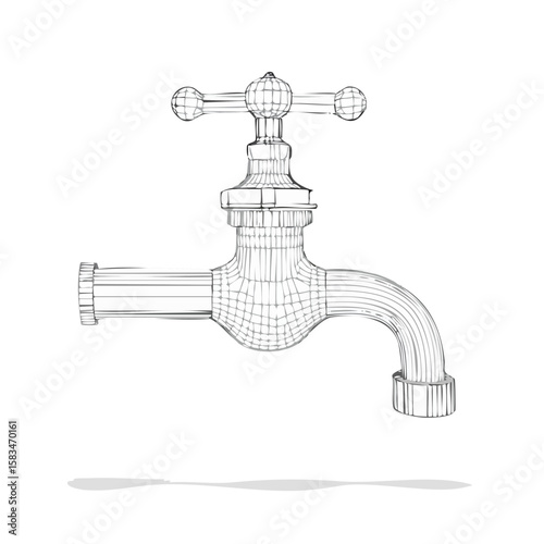 Vintage Style Water Faucet Tap Wireframe Design on Black Background Retro Plumbing Fixture Architecture Visualization