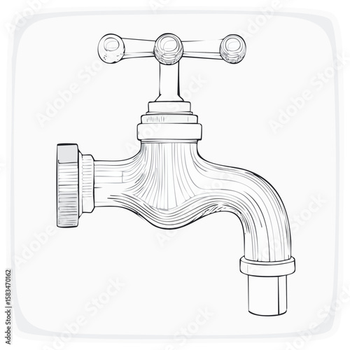 Faucet Tap Drawing Illustration Plumbing Fixture Metal Sketch Line Art Retro Design