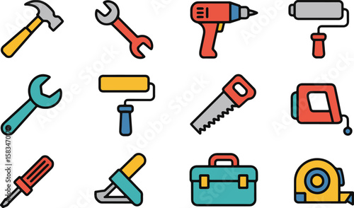 Hammer wrench drill paint roller saw tape measure screwdriver pliers toolbox vector