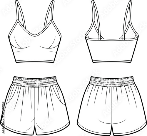 Women's sports bra and shorts flat sketch, front and back view technical drawing, activewear fashion CAD template, vector illustration