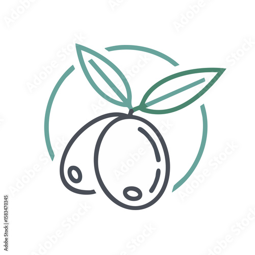 Olive Oil Icon Style with Leaves and Circle Frame Mediterranean Food Element