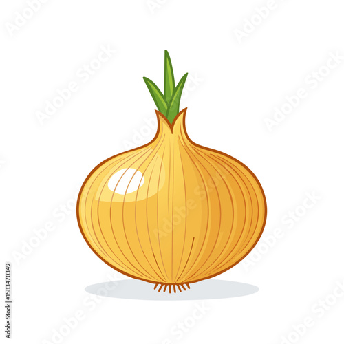 Illustration of a Fresh Yellow Onion with Green Shoots and Roots on Black Backdrop