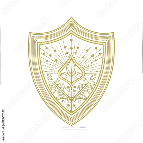 Ornamental Shield with Botanical Design and Radiating Lines Golden Crest for Emblem or Logo