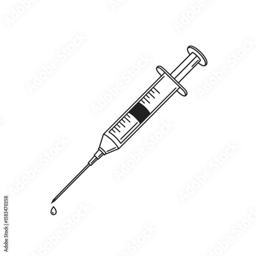 A minimalist outline graphic of a medical syringe with a droplet, ideal for healthcare design and pharmaceutical concepts.