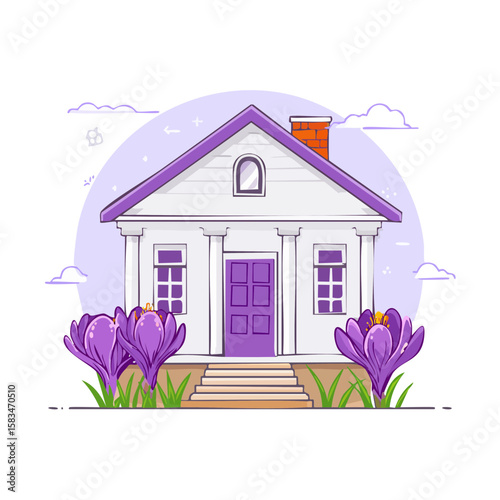 Stylized home with crocuses, purple and white cartoon illustration