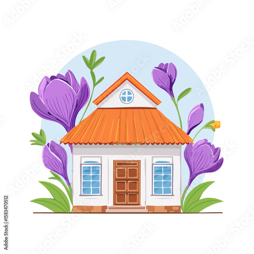 Illustration of quaint white house with orange roof surrounded by crocus flowers in springtime