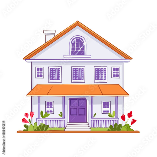 Cartoon House with Orange Roof and Purple Door, White Facade, Windows, Balcony, Flowers, Shrubs, Residential Home