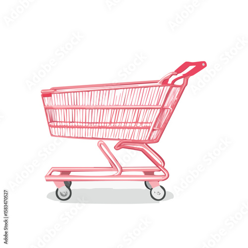 Whimsical Pink Shopping Cart Illustration Retail Grocery Store Isolated Consumerism