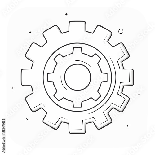 Line art vector illustration of gears, mechanisms, and industry concepts.