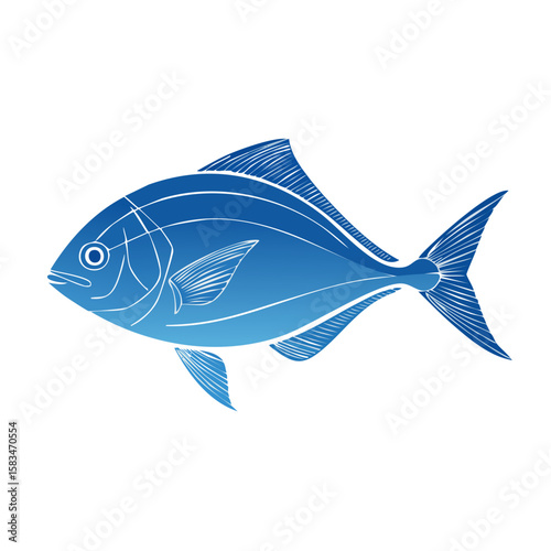 Illustration of a Sleek Blue Fish on Black Backdrop Swimming Marine Animal