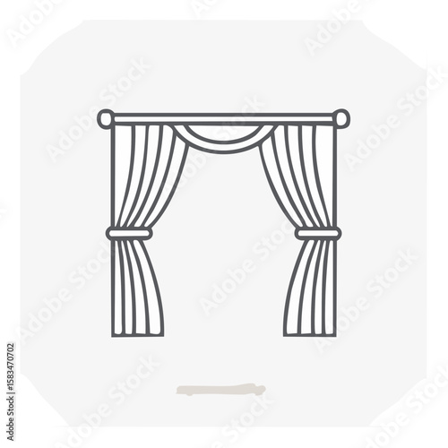 Drapes Outline Icon: Elegant stage curtains drawn. Decorative window dressings for home interior design, theater performance, stage productions.