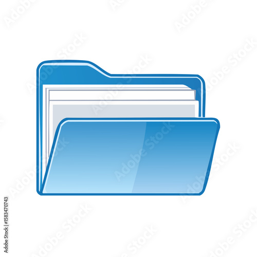 Blue folder containing documents. File management concept for organization or archiving.  Data storage and record keeping, isolated on black.