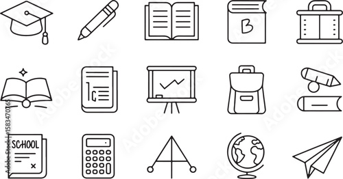 Graduation cap pen open book textbook blackboard backpack pencil stack school paper calculator pendulum globe airplane