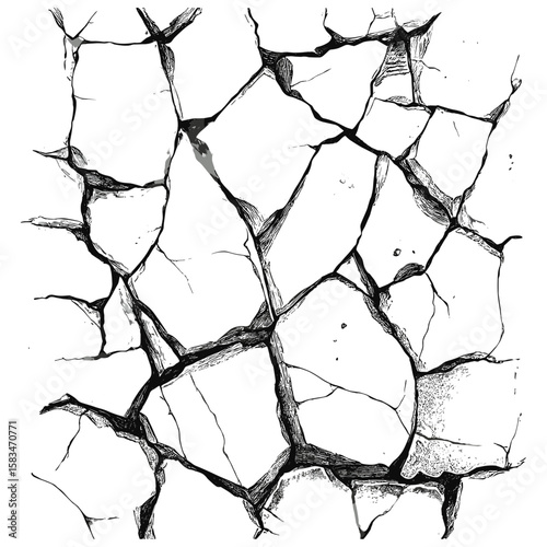 Hand-drawn cracked glass texture, vintage shattered surface, antique engraving pattern, detailed etching sketch, wall art print, retro broken texture, vector illustration, abstract art.