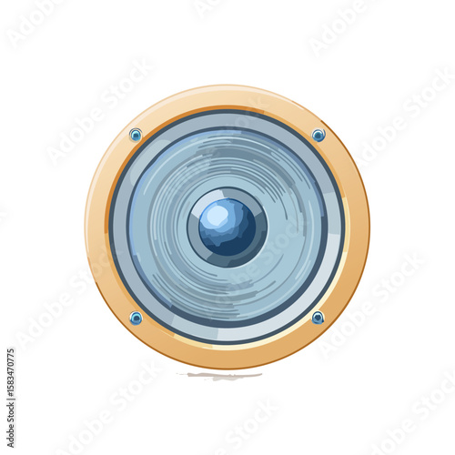 Illustrated speaker graphic featuring round, wooden frame, screws, and blue tones on a black backdrop
