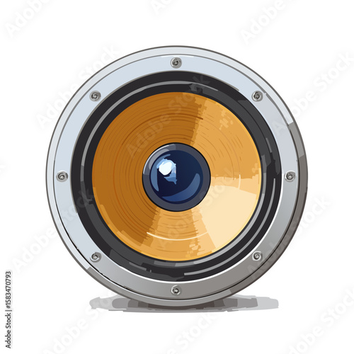 Retro Circular Speaker Illustration with Orange Cone and Metallic Frame