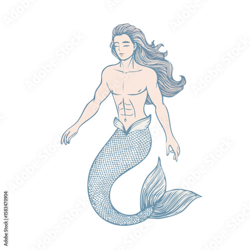 Illustration of a male mermaid with long hair and tail on black background