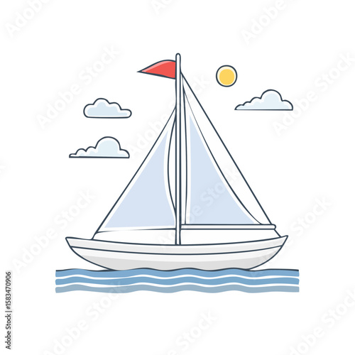 Sailing yacht on ocean waters with red pennant Clouds and Sun illustration for adventure holiday designs vacation concept on black