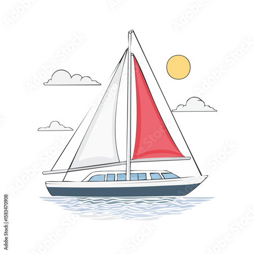 Sailboat cruising under sunny sky illustration. Nautical adventure theme with clouds and waves. Ideal for vacation or leisure concepts.