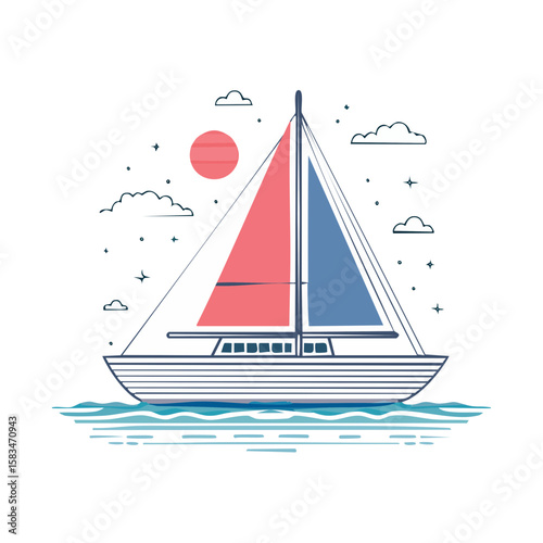 Sailboat sailing on water at night illustration with moon and stars nautical vessel watercraft graphic design