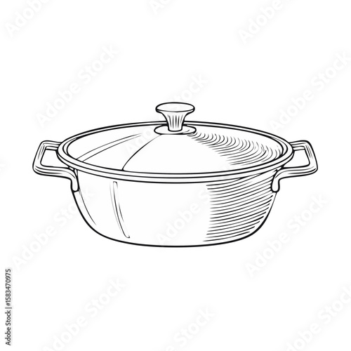 Cooking pot illustration with lid metal utensil cookware in vintage etching style. Kitchen equipment isolated on black background