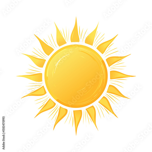 Radiant sun cartoon illustration in yellow on black background shining bright for summer heat travel themes