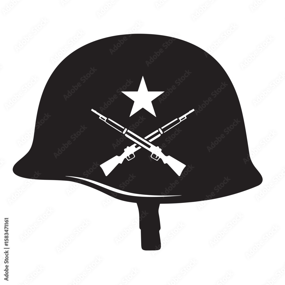 Fototapeta premium Symbolic illustration featuring a military helmet with crossed rifles and a prominent white star