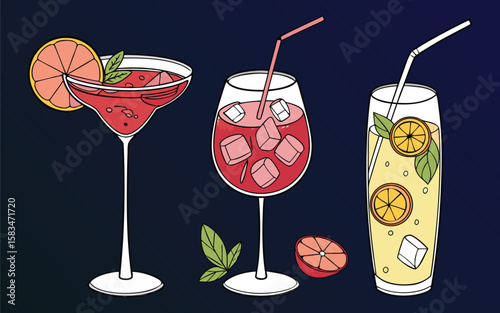 Colorful Refreshing Cocktail Collection with Fruit Garnishes on White Background