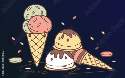 Assortment of photo realistic gourmet ice cream scoops and cones in a vibrant dessert display