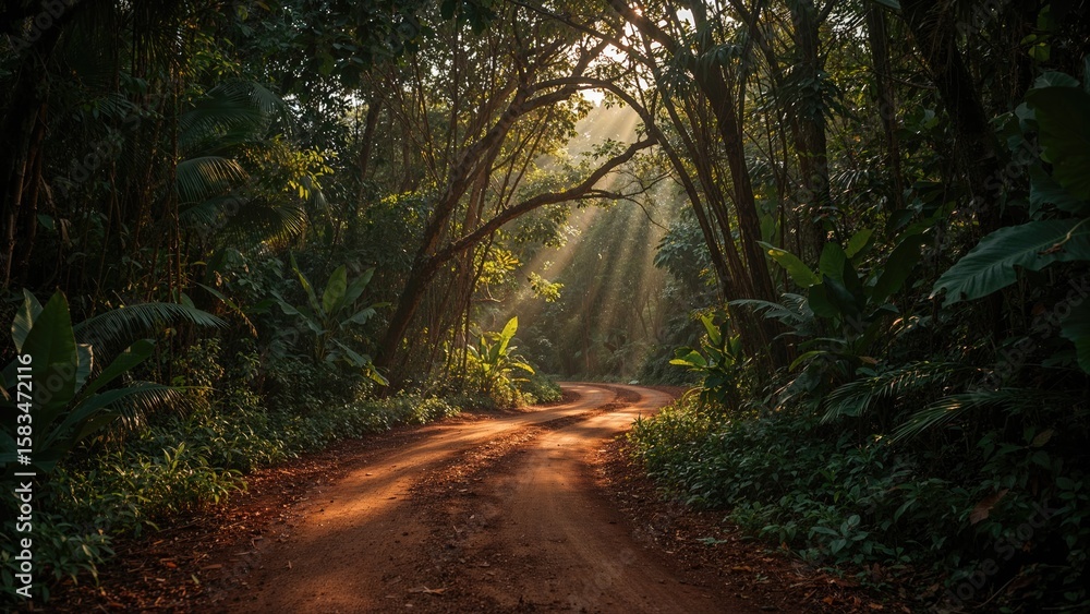 Fototapeta premium Rugged Trail Bathed in Sunlight Amidst Dense Woods