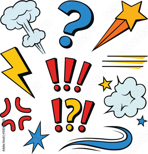 Comic style question mark exclamation mark lightning stars clouds and expressive lines create dynamic energetic playful mood