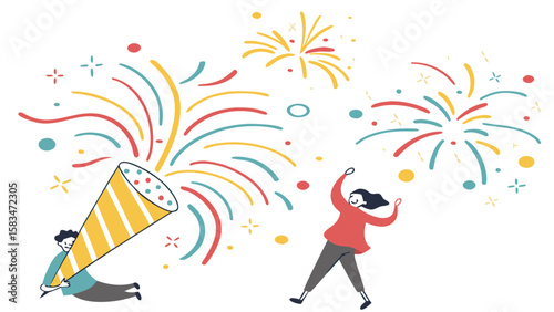 A joyful celebration scene with a woman dancing in excitement and a boy joyfully blowing a party horn amidst colorful fireworks.