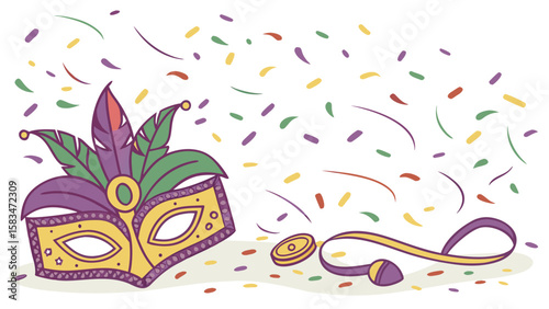 A vibrant purple and gold masquerade mask adorned with feathers, surrounded by colorful confetti.